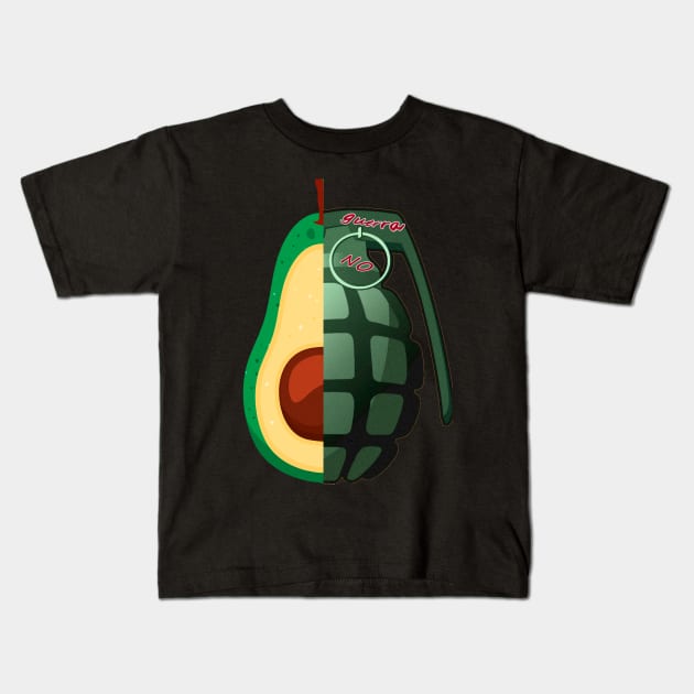 Two halves. Half avocado, half hand grenade. Not to the war. Avocado versus hand grenade. Kids T-Shirt by Rebeldía Pura